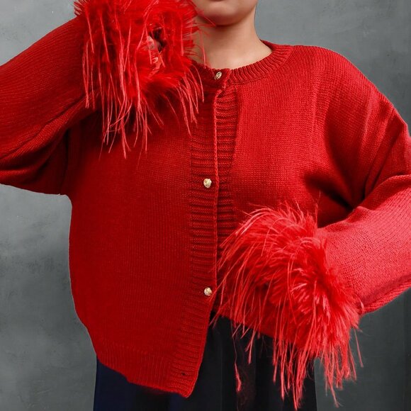 Red Casual Festive Women's fluffy faux fur sleeve cuffs Cardigan Top - Picture 3 of 11